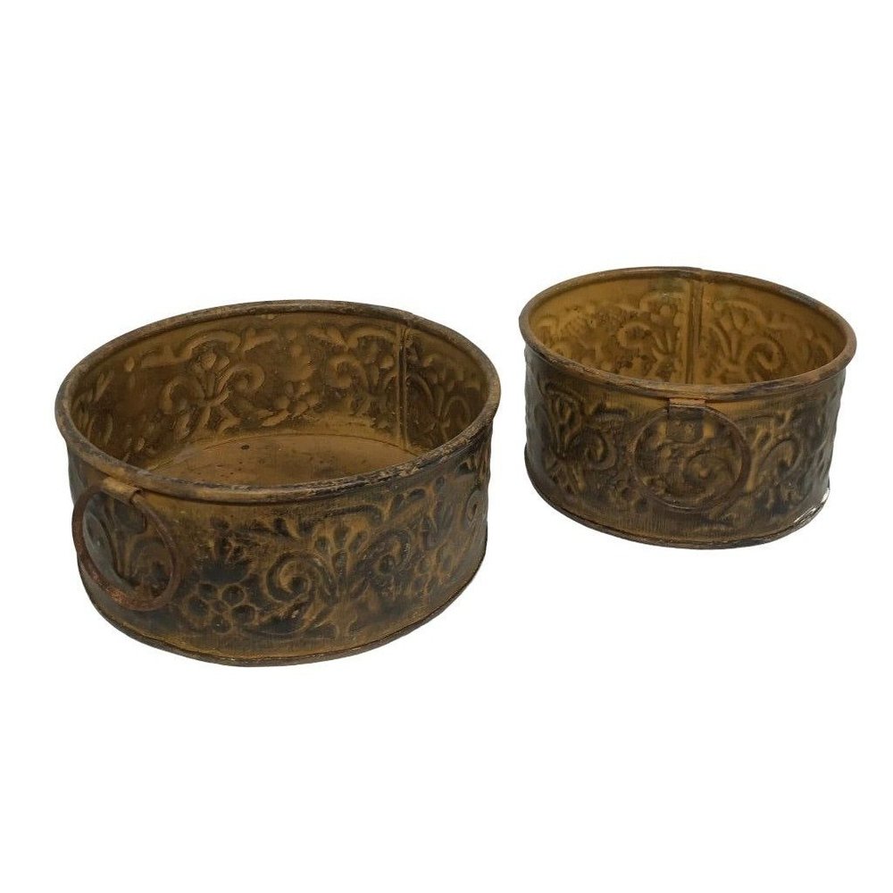 Set of 2 Round Metal Planters Embossed Design 5" and 6" Diameter
